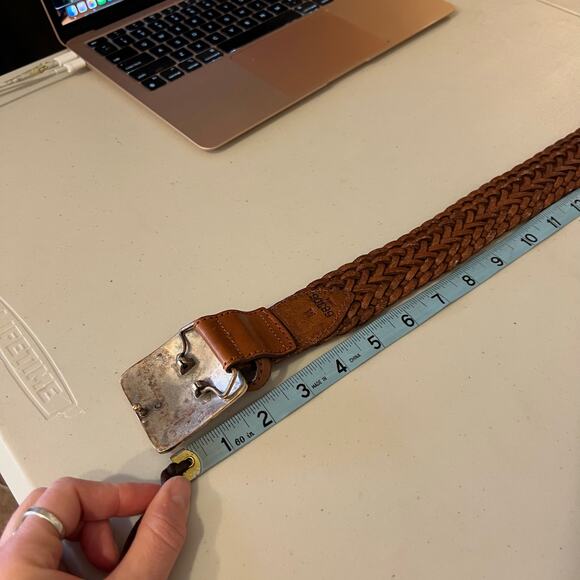 Vintage 90s Tan Woven Weaved Genuine Leather Square Floral Buckle Belt Size SM - Picture 6 of 9